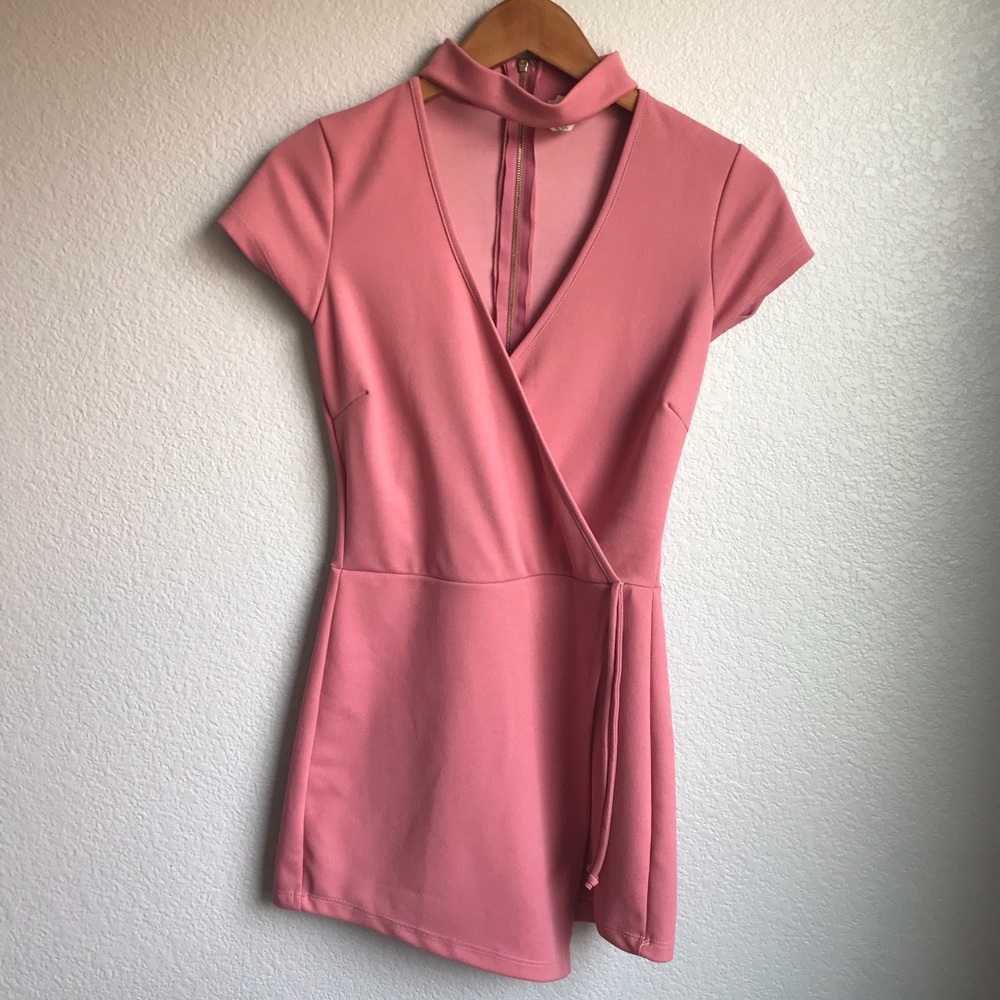Pink Vneck Choker Romper with Gold Zipper